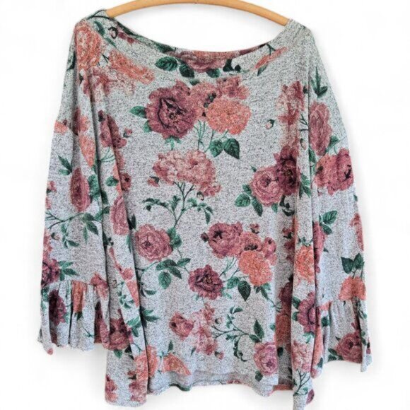 Maurices Womens Plus 3XL Grey Top With Pink Floral Design & Bell Sleeves - Picture 2 of 4